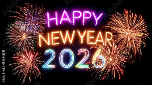 A vibrant celebration featuring colorful fireworks lighting up the night sky, with 'Happy New Year 2026' glowing in neon. Perfect for welcoming new beginnings and festivities.