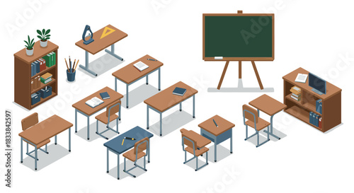 Isometric classroom setup with desks and blackboard on white background