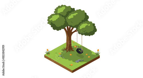 Isometric tree with swing in serene garden setting