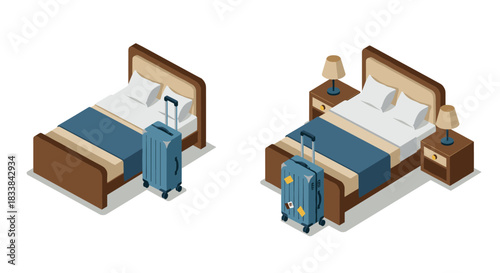 Isometric modern hotel room with luggage and double bed setup
