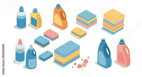 Cleaning supplies in isometric style featuring detergent bottles, sponges, and folded towels on white background
