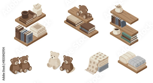 Isometric wooden shelves with books, teddy bears, and blankets in pastel tones