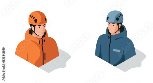Isometric portraits of climbers in helmets and jackets