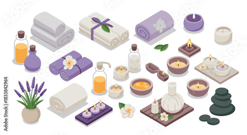 Relaxing spa elements with candles, towels, and essential oils in isometric style
