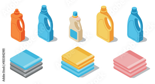 Isometric cleaning supplies and folded towels on white background