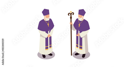 Isometric bishops in purple robes with staffs on white background