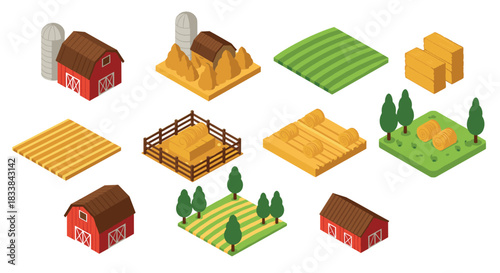 Isometric farm elements: barns, fields, trees, and hay bales for game design