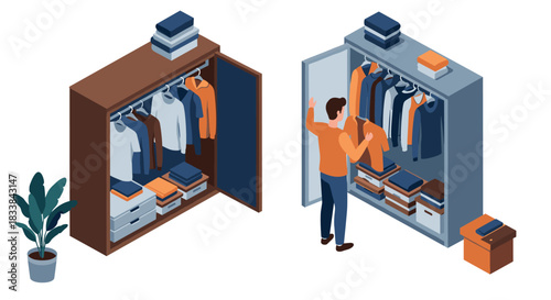 Isometric wardrobe organization with modern clothing and storage solutions