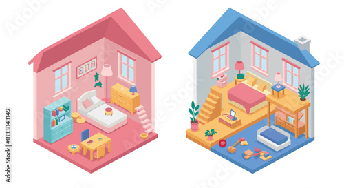 Cozy isometric room design with furniture and decor in pink and blue