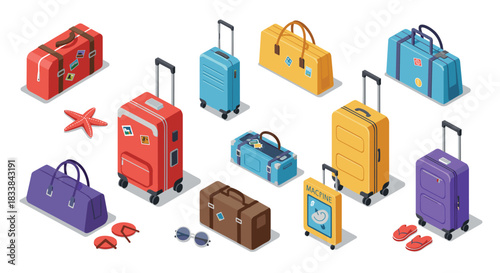 Colorful isometric travel bags with summer accessories on white background