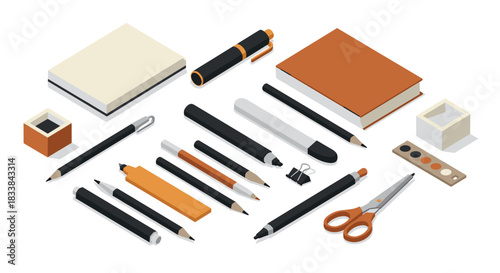 Isometric office stationery set: modern design essentials for creative workspaces