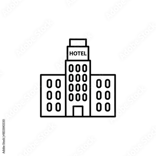 Simple line icon of a hotel building, representing accommodation, hospitality, and travel. A vector graphic for booking websites, apps, and tourism design elements