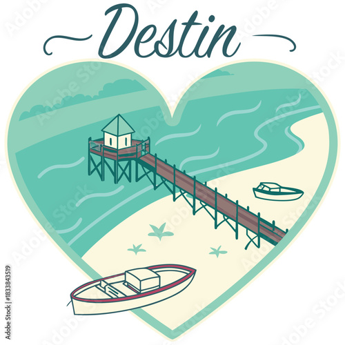 Destin Pier and Boats – Heart-Shaped Coastal Poster