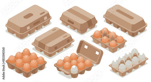 Isometric egg cartons with eggs in various positions on white background