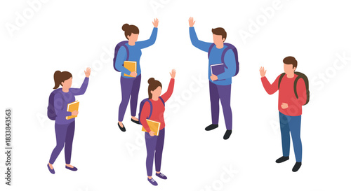 Isometric students with backpacks interacting and greeting