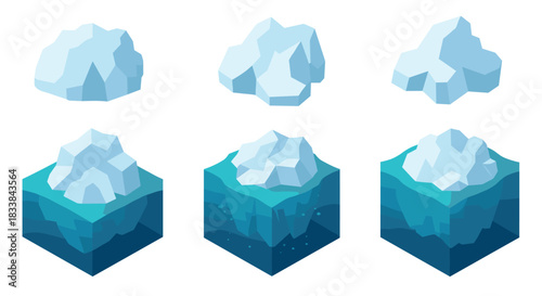 Isometric iceberg set with above and below water views in flat design