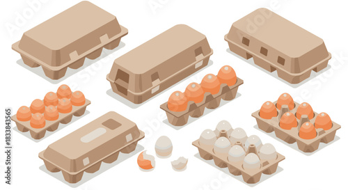 Isometric egg cartons with eggs in various stages of use on white background