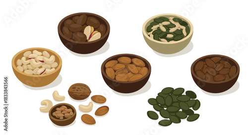 Assorted nuts in bowls and loose arrangement with white background
