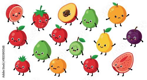 Cute kawaii fruit characters with happy faces and playful expressions