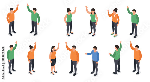 Isometric people interacting in varied poses on white background