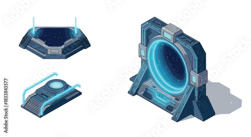 Futuristic sci-fi portals and platforms with neon blue glow in isometric design