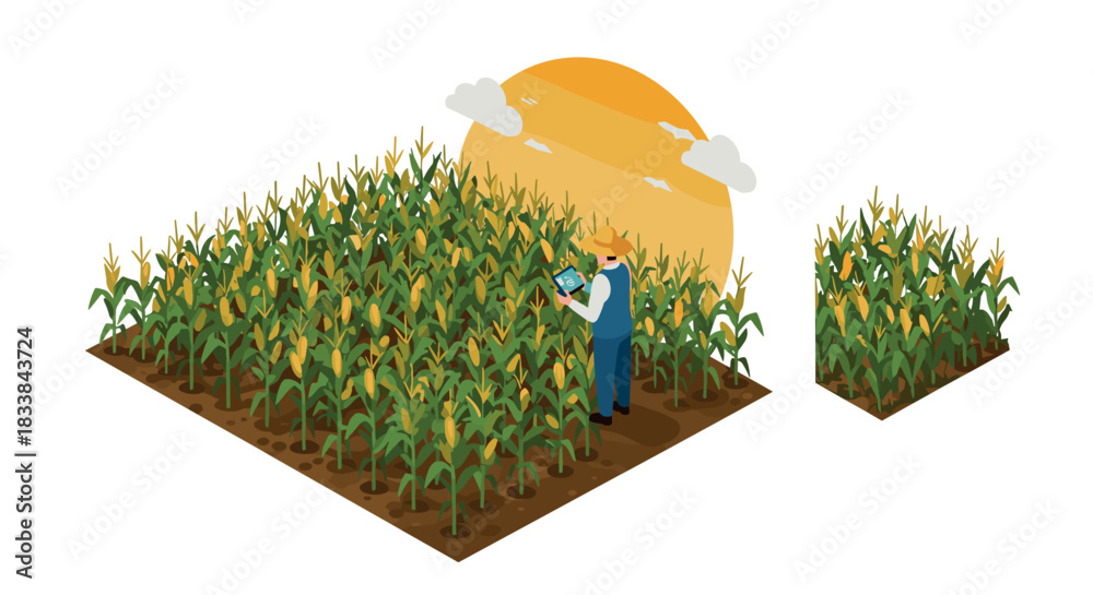 Naklejka premium Farmer analyzing corn field with digital tablet in isometric 3d design during sunset