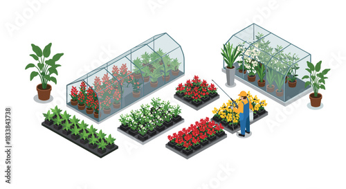 Isometric greenhouse setup with colorful plants and gardener