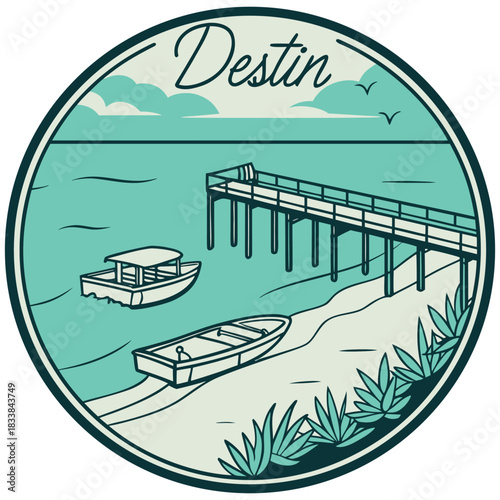 Destin Pier and Boats – Circular Coastal Emblem