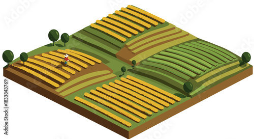 Isometric farming landscape with vibrant fields and farmer in hat