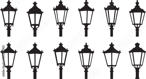 Collection of antique street lamp silhouettes for architectural or historical designs