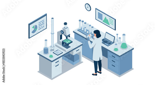 Scientist working in a modern isometric laboratory with equipment and charts