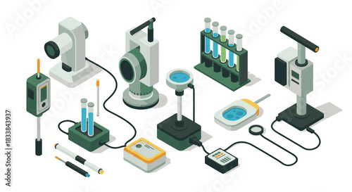 Isometric set of laboratory equipment with chemical test tubes and digital devices