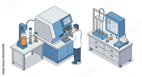 Isometric laboratory setup with scientist operating advanced equipment for scientific research