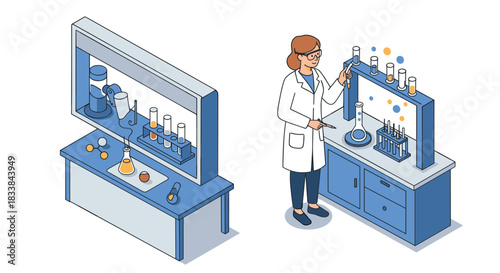 Scientist conducting experiment in isometric laboratory setting with test tubes and equipment
