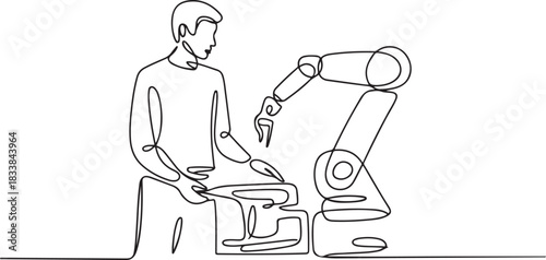 Continuous single line drawing of a man operating a factory machine with a robotic system. one line Icon drawing