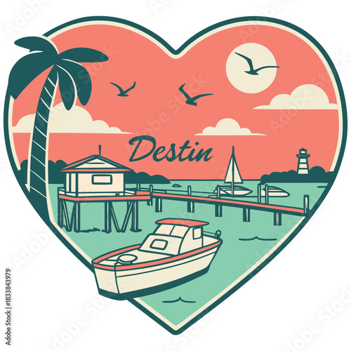 Destin Dock, Lighthouse, and Boats – Heart-Shaped Coastal Poster