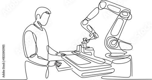 Continuous single line drawing of a man operating a factory machine with a robotic system. one line Icon drawing