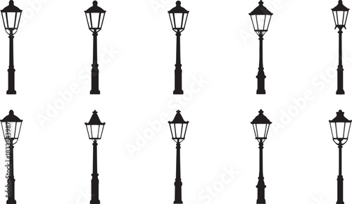 Row of black street lamps on a white background silhouette