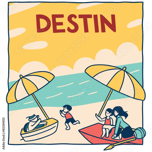 Destin Beach Umbrellas and Family – Colorful Coastal Poster