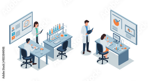 Isometric science laboratory with researchers conducting experiments and analyzing data
