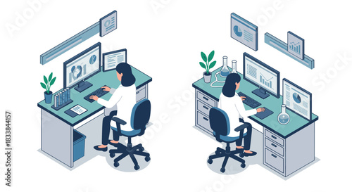 Modern isometric office scenes with professionals at desks and computers in a laboratory and office setting