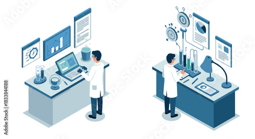 Isometric lab research scene with scientists analyzing data and charts