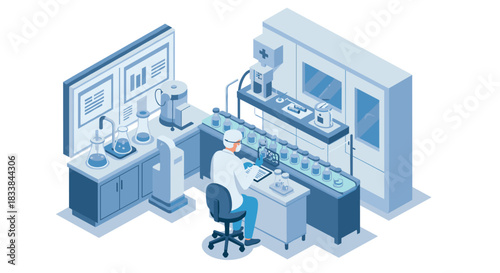 Modern isometric laboratory with scientist conducting experiments in high-tech environment
