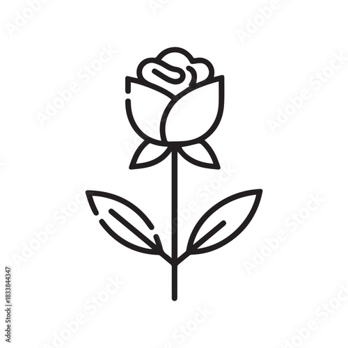 Rose flower black outline icon natural style green leaf celebration design.