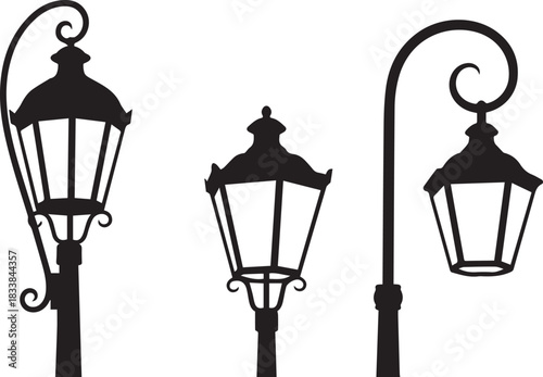 Silhouette of vintage street lamps with decorative details on white background