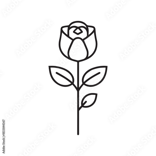 Rose flower black outline icon natural style green leaf celebration design.