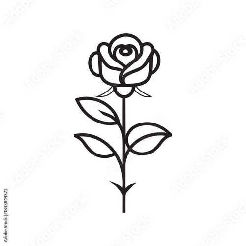 Rose flower black outline icon natural style green leaf celebration design.