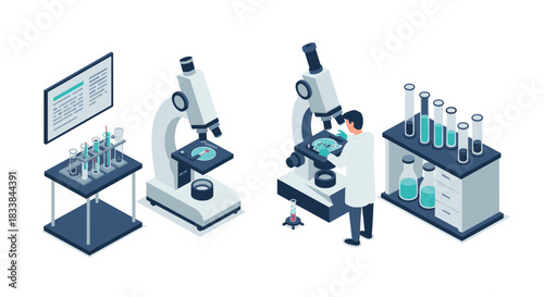 Isometric lab scene with scientist using microscope and test tubes on table