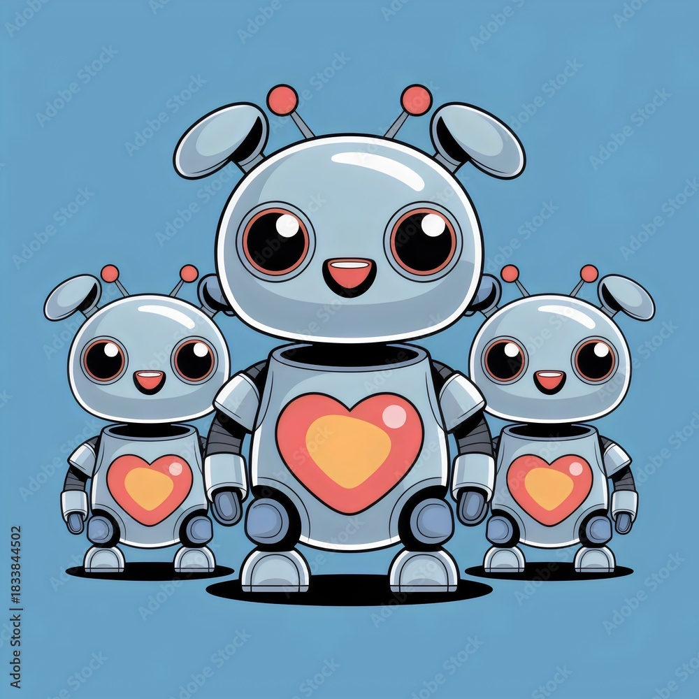 Obraz premium Adorable Robot Crew: A trio of friendly robots stand proudly together, their cute features and hearts symbols radiate positivity and affection, and bringing a touch of futuristic charm.