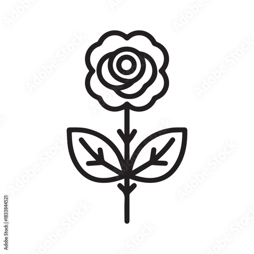 Rose flower black outline icon natural style green leaf celebration design.